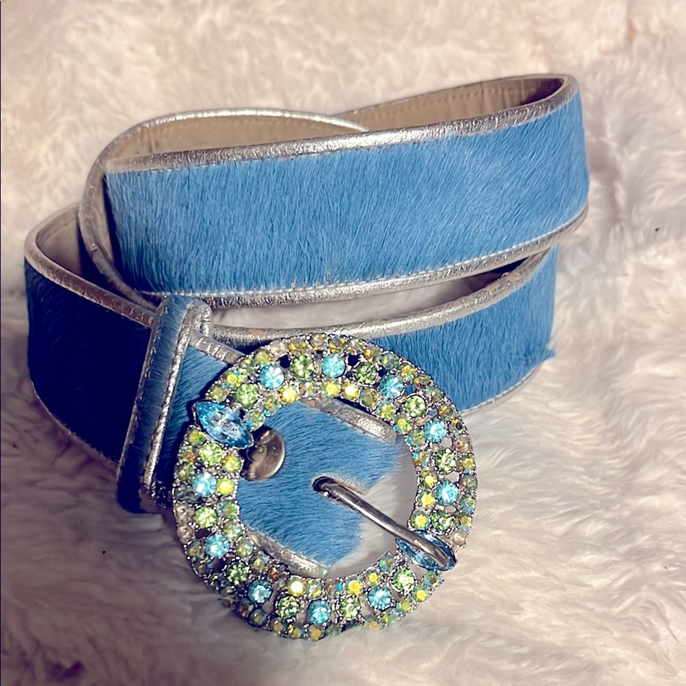 Wink Blue and Silver Women's Belt with blue Crystal Buckle Blue Cowhide.
